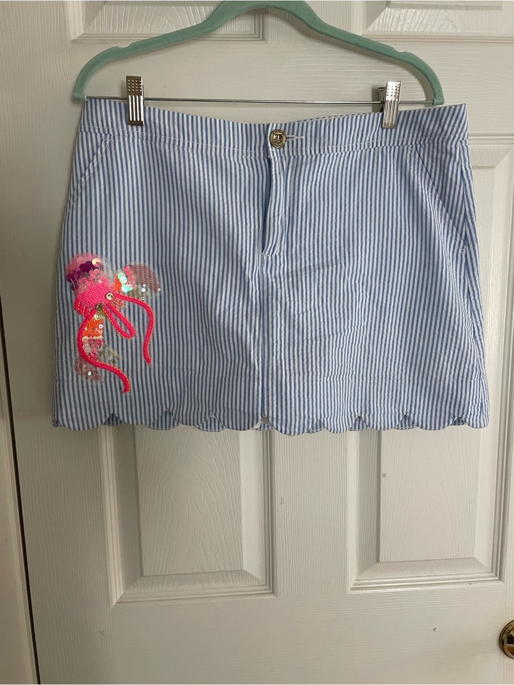 Lilly Pulitzer Blue Stripe Scalloped Hem Mini Skirt with Sequin Octopus Size 10